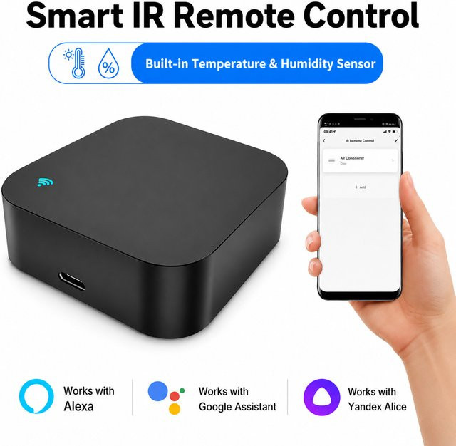 Tuya WiFi IR-Fernbedienung mit Temperatur- und Feuchtigkeitssensor in Schwarz, Smart Home Controller für TV und Klimaanlage, kompatibel mit Smart Life, Alexa und Google Home - Bild 1