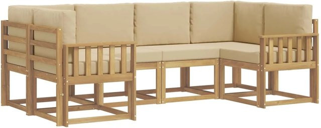 vidaXL Outdoor-Sofagarnitur in L-Form aus Akazienholz mit Kissen, Weiß und Beige - Bild 1