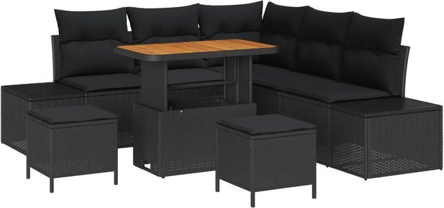 vidaXL Garten-Sofa-Set aus Poly Rattan in Schwarz, 8-teiliges L-Shape Lounge-Set mit Polsterung und Stauraumfunktion - Bild 1