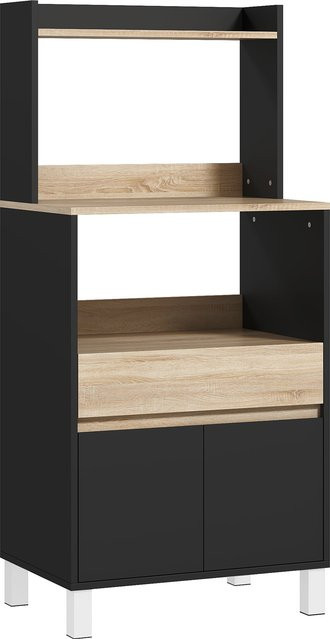 Aosom Mikrowellenmöbel Küchenbuffet mit Schrank Schublade und Oberregal in Eiche und Schwarz, B/T/H: 60 x 40 x 131 cm - Bild 1