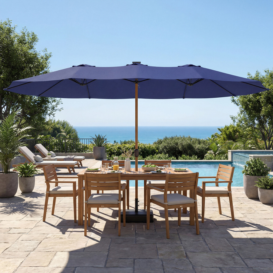 Outsunny Doppelschirm Dunkelblau mit Basis und Sandsäcken, Terrassenschirm mit UV-Schutz und Kurbel, B: 4,6 m, T: 2,6 m - Bild 2
