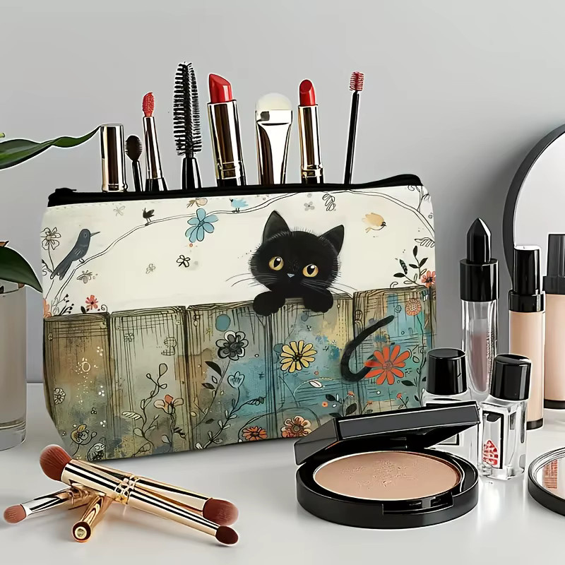 FXZLLQ Kosmetiktasche mit Katzenblumenmuster, Reise-Make-up-Organizer für Damen - Bild 2