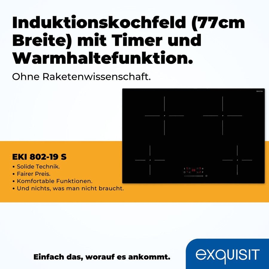 Exquisit EKI 802-19 S Induktionskochfeld in Schwarz, Einbaukochfeld aus Glas mit Kindersicherung und Restwärmeanzeige - Bild 3