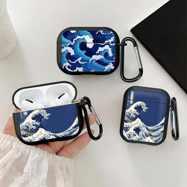 Cartoon Ozean Tsunami Schutzhülle für Apple AirPods 3, 2, 4 und Pro (Blau) - Bild 1