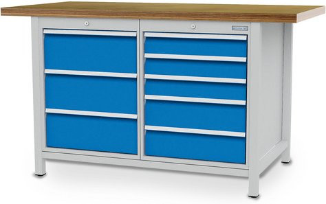 Bedrunka + Hirth Kastenwerkbank aus Stahlblech und Holz in Grau und Blau, B/H/T: 150 x 85,9 x 75 cm - Bild 1