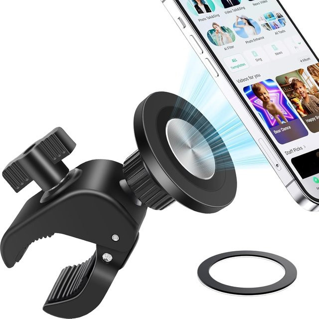 Magnetische Fahrradhalterung für iPhone 16/17 mit MagSafe Unterstützung, abnehmbarer Lenkerhalter für E-Scooter und GPS, Farbe: Schwarz - Bild 1