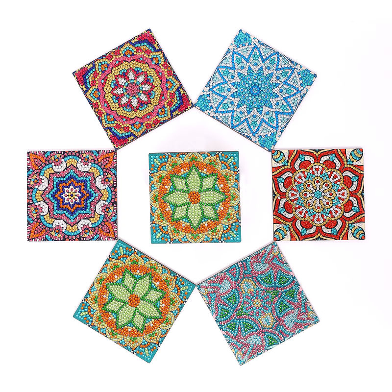 6er Set DIY Diamant-Malerei Kunstset mit Mandala-Blumenmuster und Untersetzern in Multicolor - Bild 5
