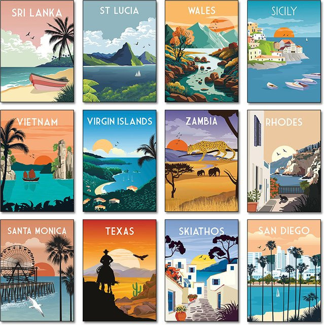 Potdemiel Illustrierte Reise-Landschaftsposter als Kunstdruck für deine Wanddekoration, Motiv Santorini Sydney Vietnam Wales, Vintage Stil, Mehrfarbig - Bild 1