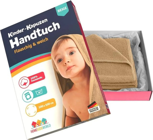 HomeKidsWorld Kapuzenhandtuch für Kinder und Babys aus Baumwolle, Beige, 100 x 100 cm - Bild 1