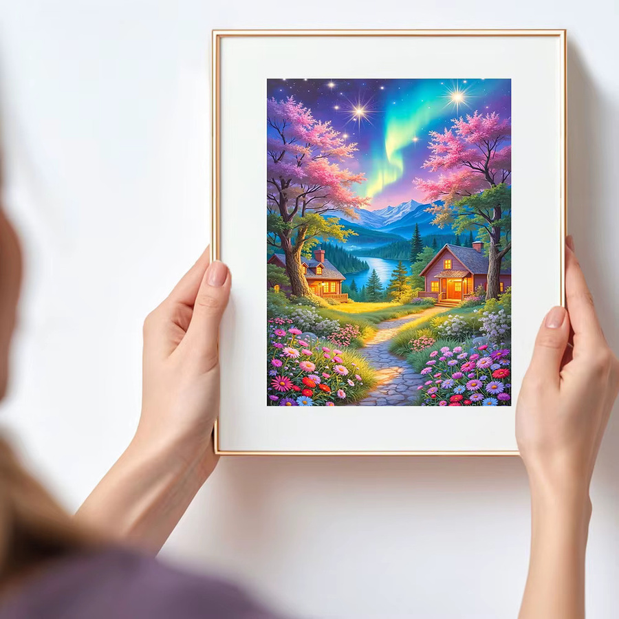 Huacan Volldiamantgemälde Aurora Haus Baum Landschaft als Diamant Stickerei Set in Mehrfarbig, B/H: 30 x 20 cm - Bild 3