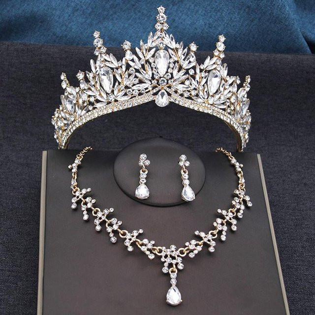 YIRAN Schmuckset Tiara, Halskette, Ohrringe, Weiß, Kristall, Messing, Damen - Bild 1