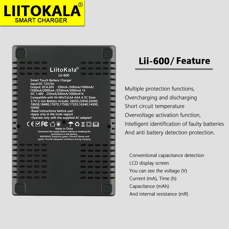 LiitoKala Lii-600 LCD Smart Batterieladegerät in Schwarz für Li-Ion 3,7V und NiMH 1,2V Akkus (18650, 26650, 21700, AA, AAA) - Bild 2