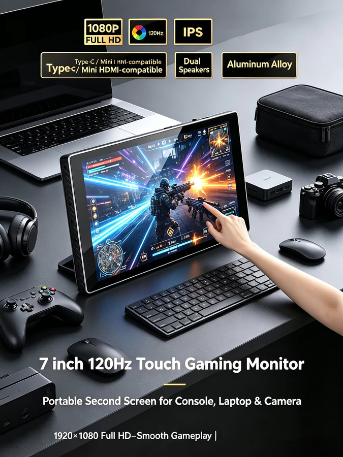 Wisecoco Tragbarer 7 Zoll Monitor mit 120 Hz Touchscreen, Full HD 1080P IPS LCD-Display, USB-C, Schwarz - Bild 6