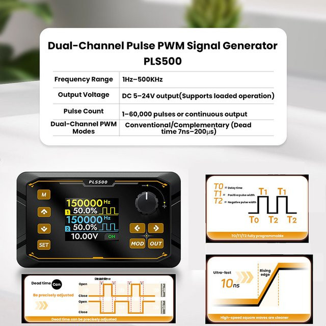 Aideepen PLS500 Puls-PWM-Signalgenerator in Schwarz, 2-Kanal-Frequenzmesser mit einstellbarer Totzeit und Arbeitszyklus, programmierbar für Servosteuerung, 1Hz bis 500kHz - Bild 1