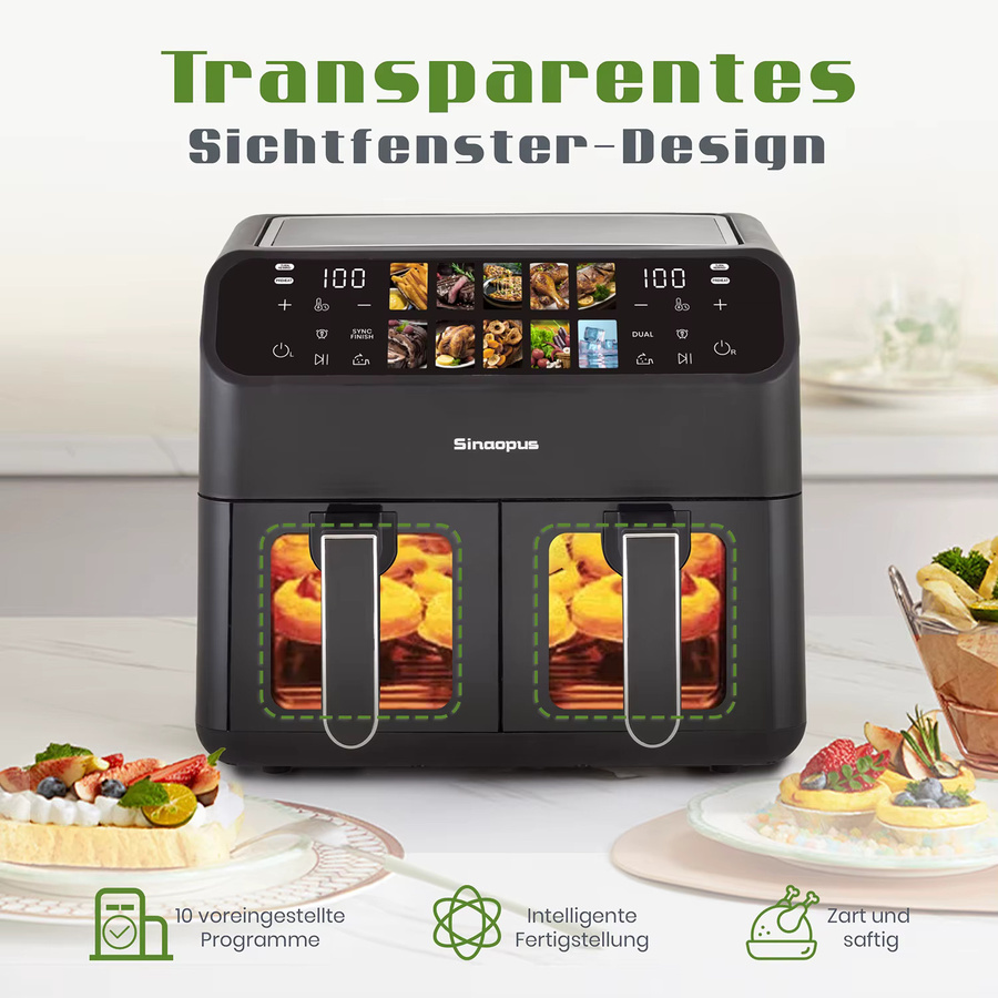 Sinaopus Elektrische Doppelkorb-Heißluftfritteuse mit 9L Volumen, Schwarz, Ölfreier Kocher mit LED-Touch-Steuerung und Sichtfenster - Bild 3