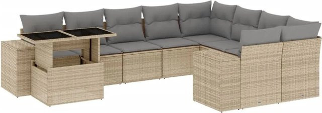 vidaXL 10-tlg. Garten-Sofagarnitur in L-Form aus beigem Poly-Rattan mit Kissen und pulverbeschichtetem Stahlgestell - Bild 1