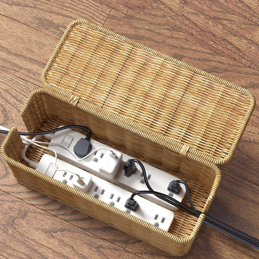 Handgefertigte Kabelmanagement-Box aus Rattan und Bambus in Beige mit 2 offenen Fächern - Bild 3