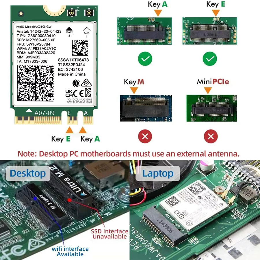 Fenvi WiFi 6E AX210NGW Drahtloser Adapter mit Bluetooth 5.3 für Desktop und Laptop, unterstützt 2,4G/5G/6GHz und 5374Mbps, kompatibel mit Windows 10/11 - Bild 6