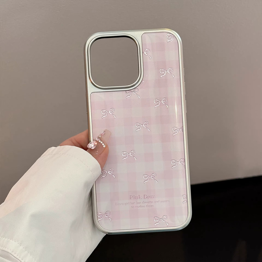 Fashion Drop Handyhülle mit Schleife und rosa Karomuster für iPhone 16 15 14 13 12 Pro Max in Pink mit silbernem Rand - Bild 3
