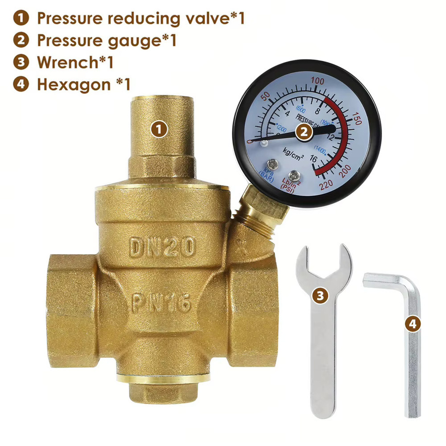 Einstellbarer Wasserdruckregler aus Messing mit Manometer DN20/15 in Gold - Bild 2