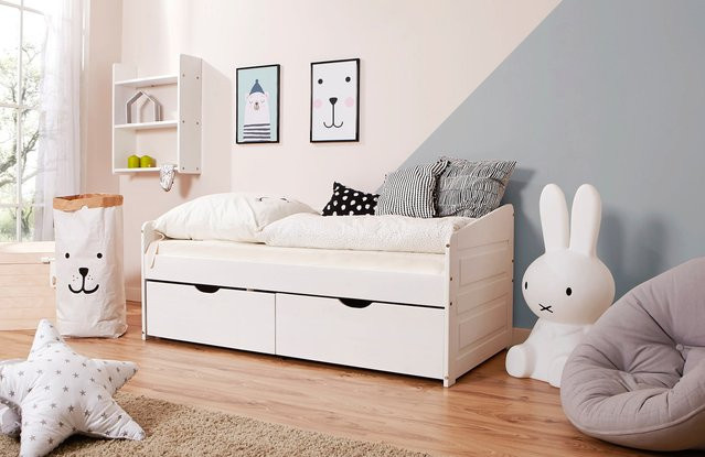 TiCAA Sofabett MINI Micki Komplett Set in Weiß mit Schubladen und Kiefernholz-Gestell, B/T/H: 164 x 80 x 75 cm - Bild 1