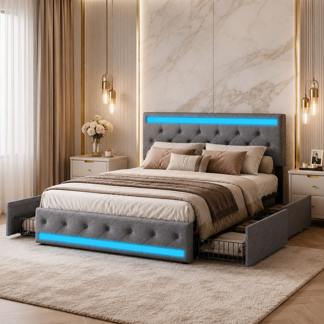 Gepolstertes Doppelbettgestell HYNHXBP in Dunkelgrau mit Leinenstoff, LED-Beleuchtung, USB-Ladefunktion und 4 Aufbewahrungsschubladen, Maße: 140 x 200 cm - Bild 1