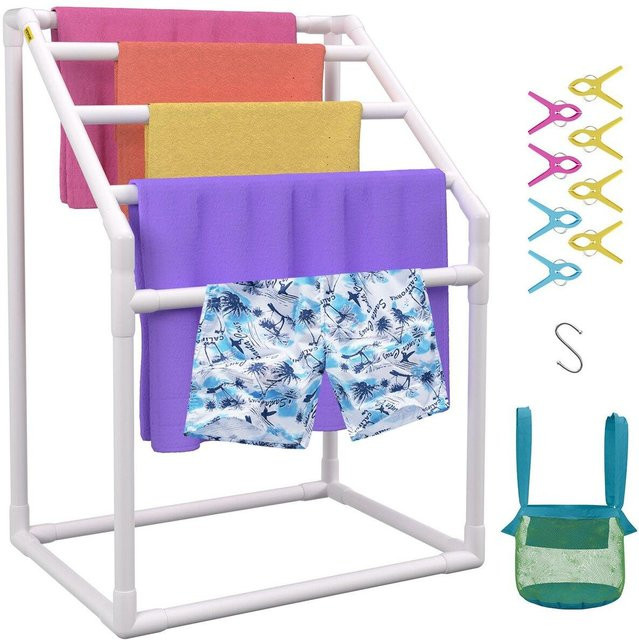 Buying Solutions, MB Pool-Handtuchständer aus PVC in Weiß mit 5 Stangen, 8 Handtuchklammern, Netztasche und Haken, freistehender Aufbewahrungsorganizer für den Außenbereich, H x B x T: 127 x 64 x 15 cm - Bild 1