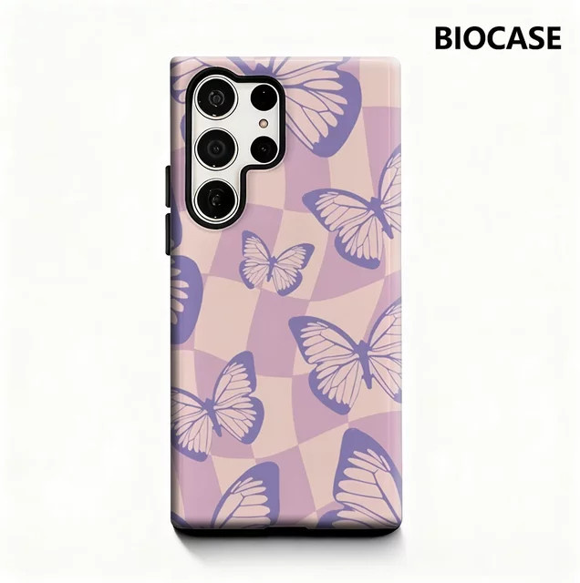 Lila Handyhülle mit Schmetterling-Design für Samsung Galaxy S25 Ultra, S24 und S23 Ultra Plus mit glänzender doppellagiger Rückseite - Bild 1
