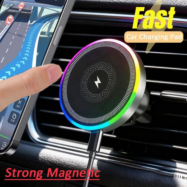 VIKEFON Magnetische MagSafe Auto-Handyhalterung mit RGB-Licht und kabellosem Schnellladegerät für iPhone 16 15 14 13 12 Pro Max, Farbe: Weiß - Bild 1