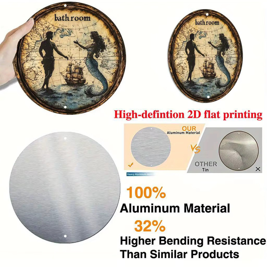 Potdemiel Runde Aluminium-Wandkunst im Vintage-Meerjungfrauen- und Piraten-Stil, Mehrfarbig, Durchmesser: 20,3 cm - Bild 3