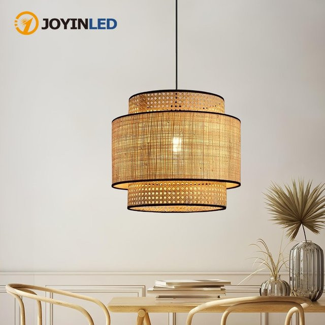JOYINLED Moderne Doppel-Leinen-Pendelleuchte in Beige, Zylinderform, E27, Durchmesser: 40 cm - Bild 1