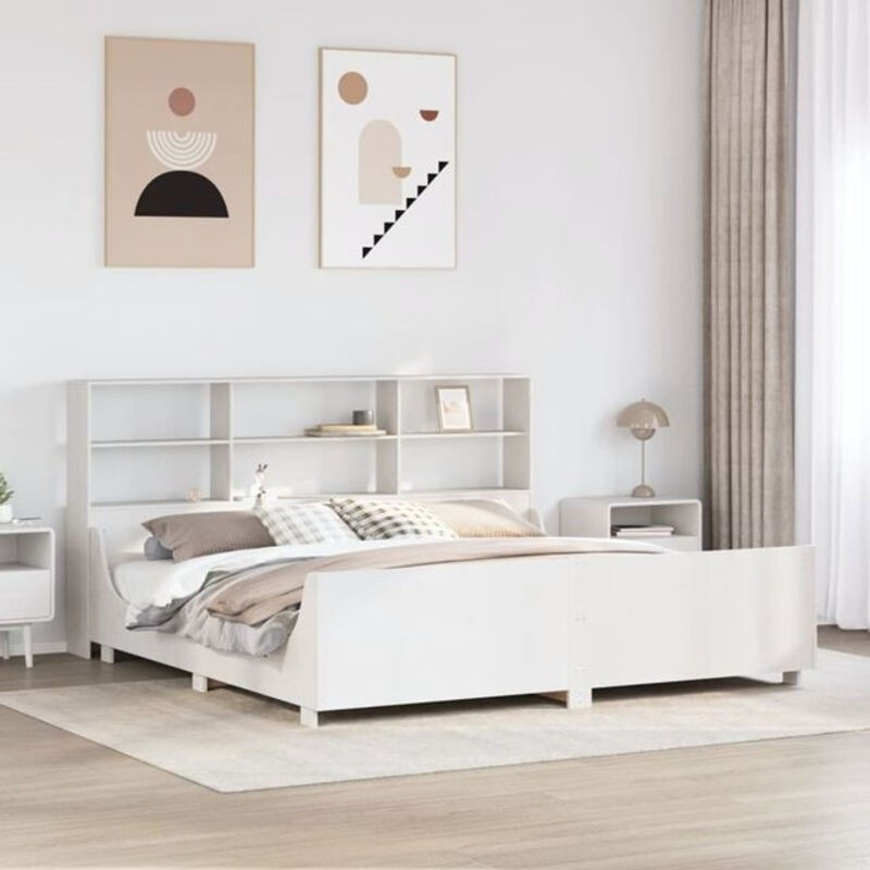 Massivholzbett aus Kiefer mit Regal in Weiß von Vidaxl, B/T/H: 180 x 200 x 110 cm - Bild 1