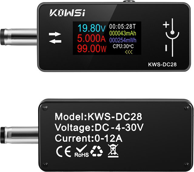 Voktta KWS-DC28 Digitales DC-Multimeter mit TFT HD Display als Spannungsmesser und Amperemeter in Schwarz (4-30V, 0-12A) - Bild 1
