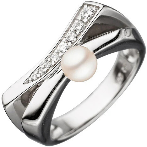 Colfem Ring 925 Silber, Perle, Zirkonia, Damen, Ringgröße 50 - Bild 1