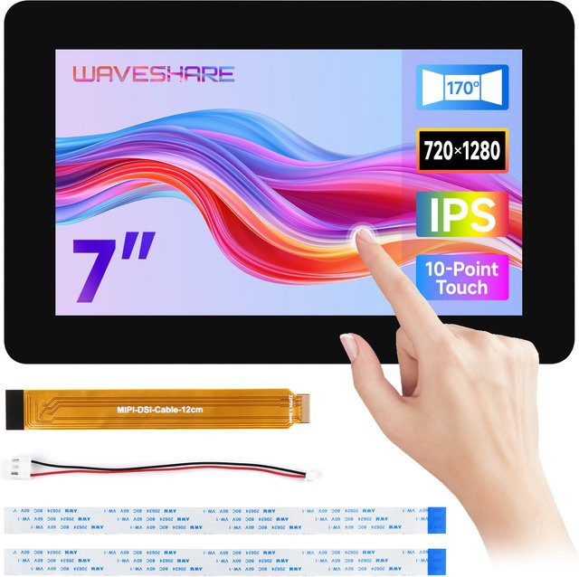 Waveshare 7-Zoll DSI kapazitiver Touchscreen mit IPS-Panel und 10-Punkt-Touch in Schwarz für Raspberry Pi 5/4B/3B/3B+ - Bild 1