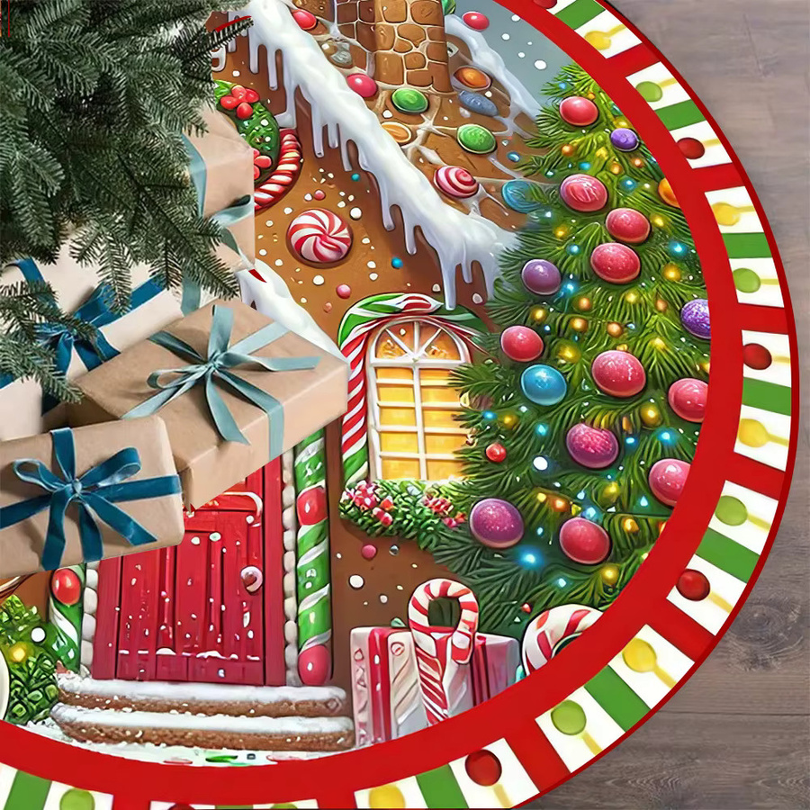 VIKAMA Weihnachtsbaum Rock Kissen mit Cartoon Lebkuchenhaus und Schneemann Motiv, Mehrfarbig, Rund - Bild 4