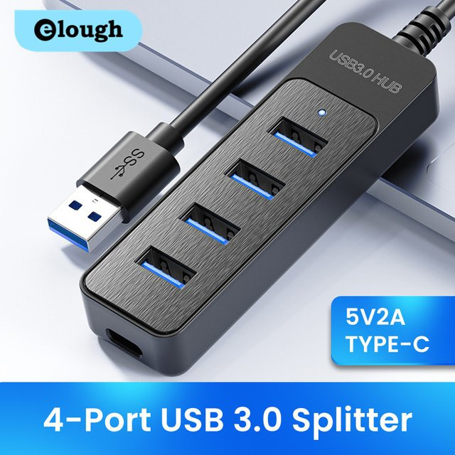 Elough USB 3.0 Hub mit 4 Ports und USB-C Anschluss, High Speed Multi USB Splitter und USB 2.0 Expander in Schwarz - Bild 1