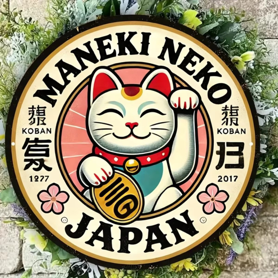 CIFBUY Maneki Neko Aluminiumschild Retro Japanischer Charme Runde Wandkunst Lucky Cat Multicolour - Bild 5