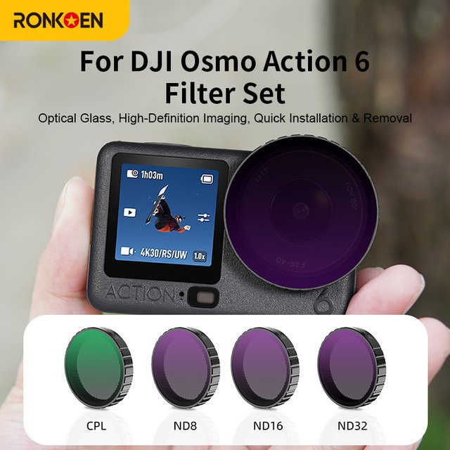 Ronkoen Filter-Set für DJI Osmo Action 6 mit UV-Spiegel, CPL-Polarisator und ND8/16/32/64 Filtern, Schwarz - Bild 1