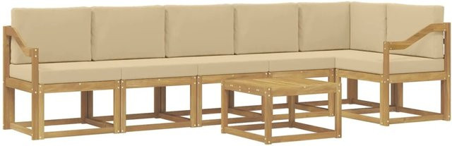 vidaXL Outdoor-Sofagarnitur 7-teilig aus Akazienholz mit Kissen in Weiß, Beige und Braun - Bild 1