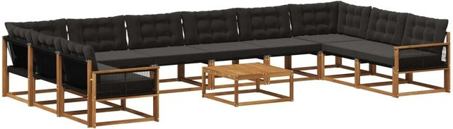 vidaXL Outdoor-Sofagarnitur in U-Form aus massivem Akazienholz mit 11 Textilene-Kissen in Natur und Schwarz - Bild 1