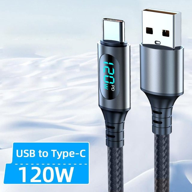 USB A auf Typ C Schnellladekabel 120W mit LED-Digitalanzeige, 6A Nylon-Datenkabel für Samsung und Redmi, Weiß, Länge: 1 m - Bild 1