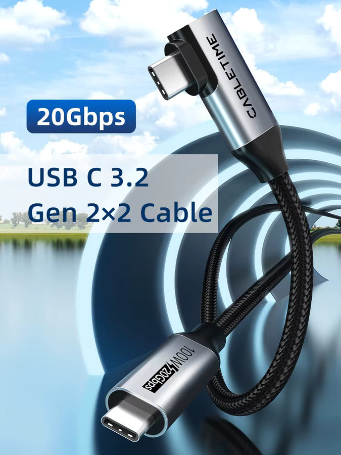 CABLETIME USB C auf USB C-Kabel in Schwarz mit USB 3.2 Gen 2 20 Gbit/s, 90 Grad Winkel, PD 100 W Schnellladung und 4K 60 Hz Videoübertragung für iPhone 16, MacBook Pro und iPad - Bild 6