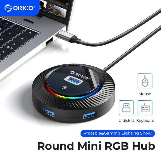 ORICO RGB USB 3.0 Hub mit USB-C Power Port Adapter, 5 Gbit/s Multi Splitter OTG Adapter für PC, Computer und MacBook Pro, Schwarz - Bild 1