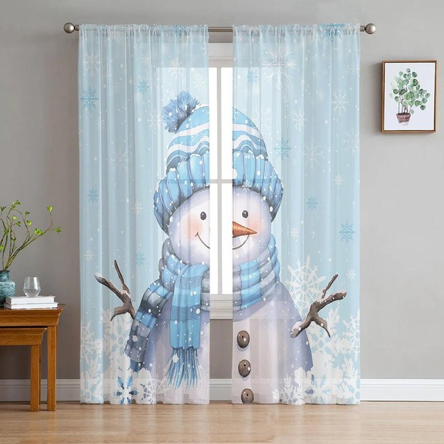 Transparente Weihnachts Vorhänge mit Schneeflocken und Schneemann in Blau und Weiß, Tüll Voile Vorhang für Wohnzimmer und Küche, Breite: 135 cm, Höhe: 115 cm - Bild 1