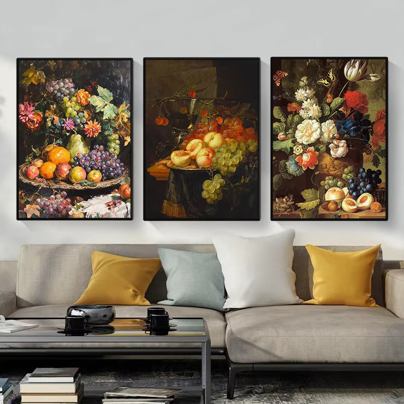 Vintage Stilleben mit Blumen und Früchten Leinwandgemälde von Potdemiel als Wandkunst für dein Wohnzimmer in Mehrfarbig - Bild 2