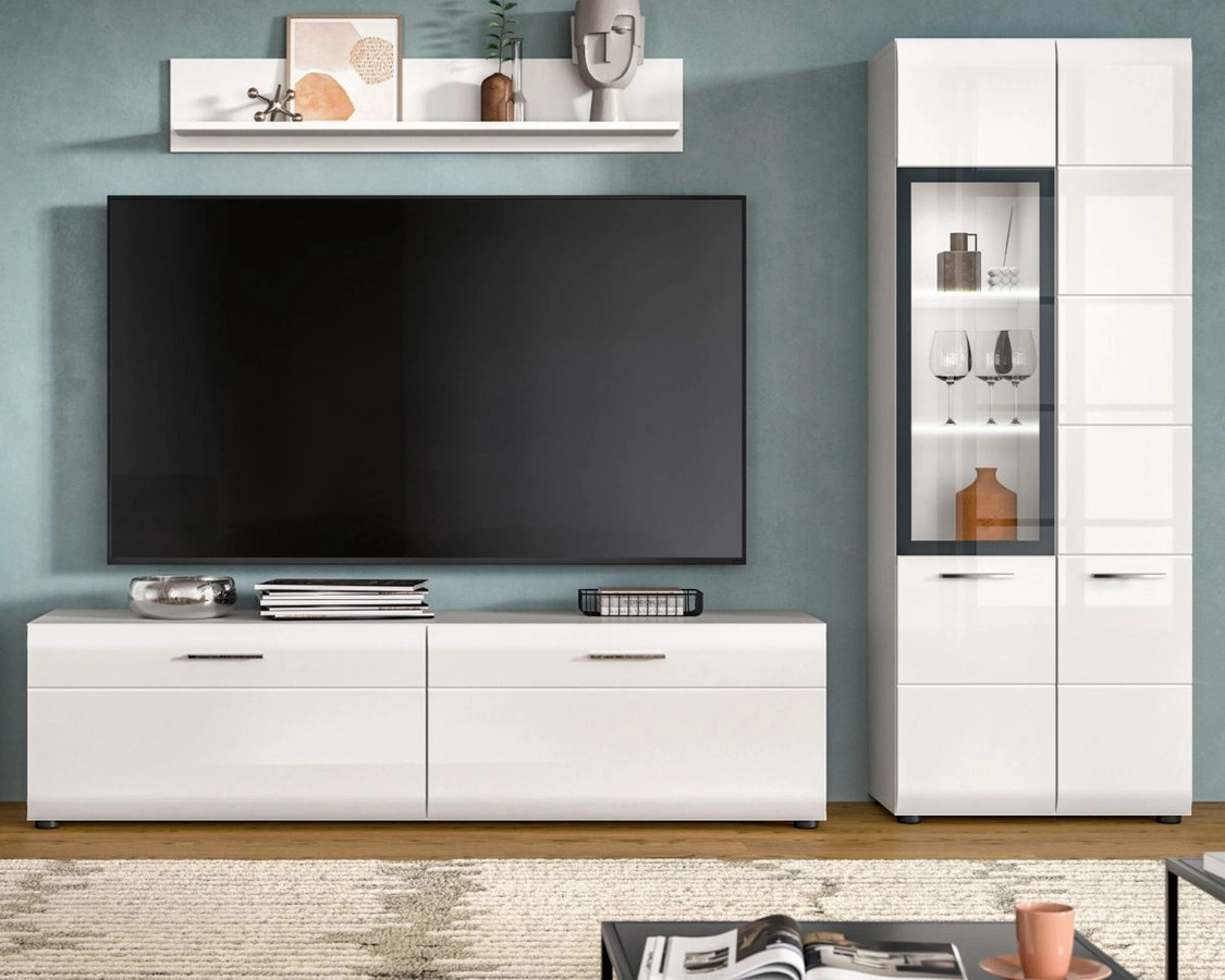 Wohnwand Inn.Furn in Weiß Hochglanz mit Vitrine und Lowboard, Breite: 235 cm, Höhe: 160 cm - Bild 1