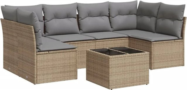 vidaXL 7-teilige Garten-Sofagarnitur in Beige-Grau aus Poly-Rattan mit L-Form und Sitzkissen inklusive Gartentisch - Bild 1
