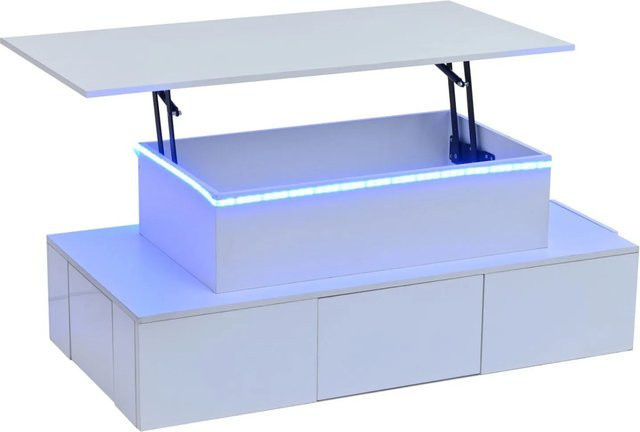 PXloue LED Couchtisch in Weiß mit Schublade, höhenverstellbar und Hochglanz-Finish, B/T: 96 x 45 cm - Bild 1