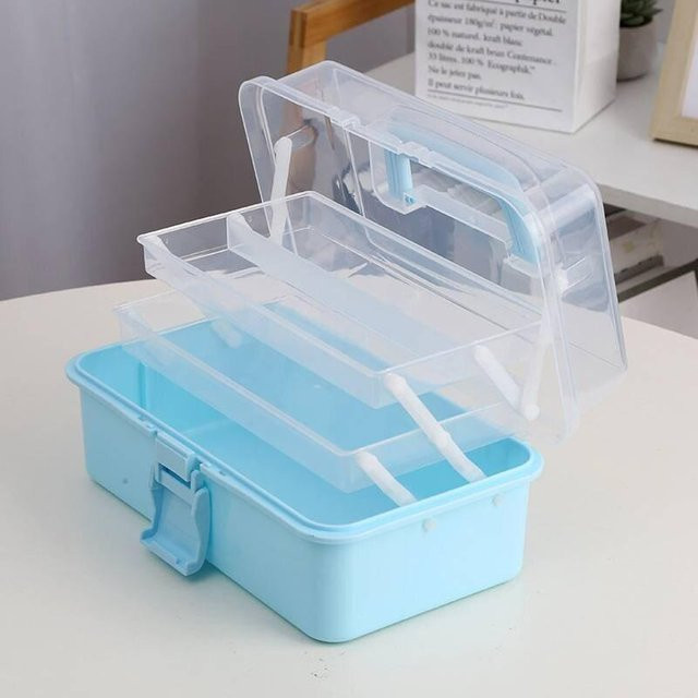Yiran toy 1 Dreischichtige transparente Aufbewahrungsbox aus Kunststoff, zusammenklappbare Werkzeugkiste mit Griffen und Etikettenhalter für Bastelarbeiten und Näharbeiten, Farben: Weiß, Blau, Rosa, Transparent - Bild 1